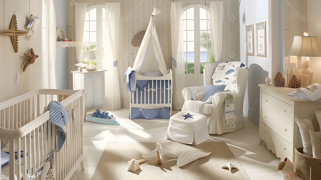 Um quarto de bebê praiano com decoração náutica e acessórios em formato de concha