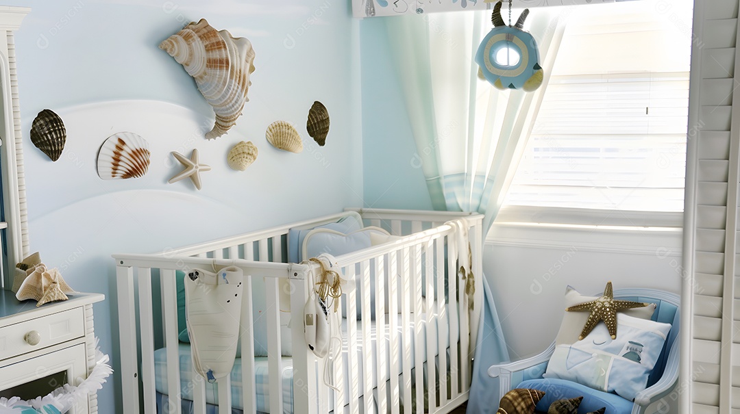 Um quarto de bebê praiano com decoração náutica e acessórios em formato de concha