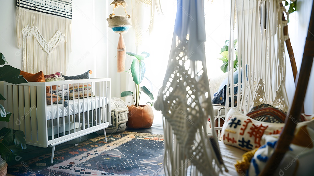 Um berçário de estilo boêmio com detalhes em macramê e tecidos ecléticos