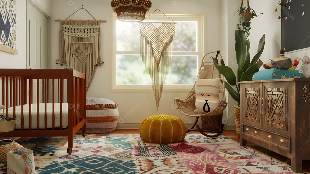 Um berçário de estilo boêmio com detalhes em macramê e tecidos ecléticos