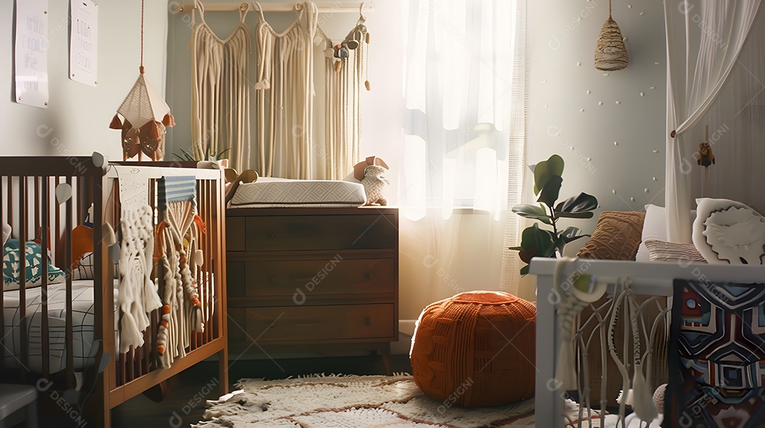 Um berçário de estilo boêmio com detalhes em macramê e tecidos ecléticos