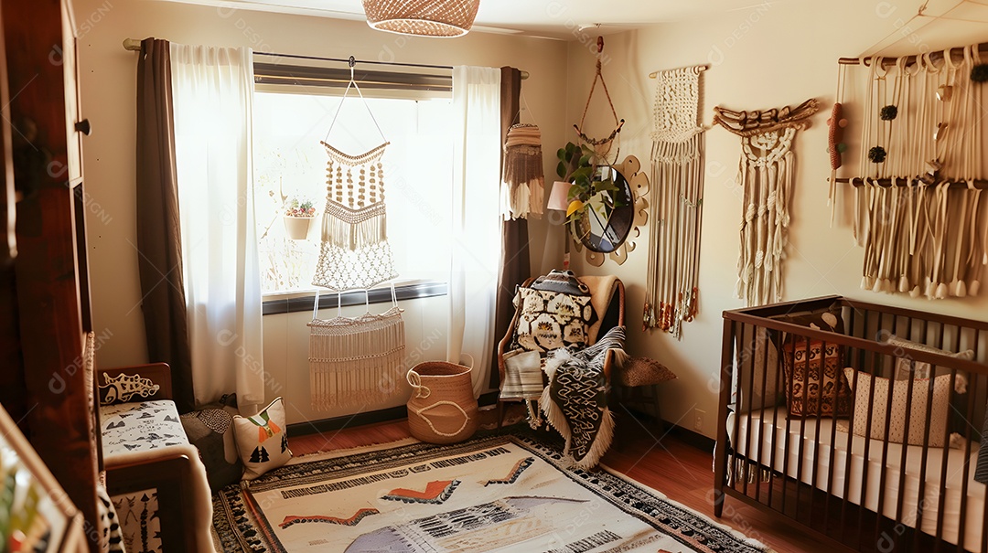 Um berçário de estilo boêmio com detalhes em macramê e tecidos ecléticos