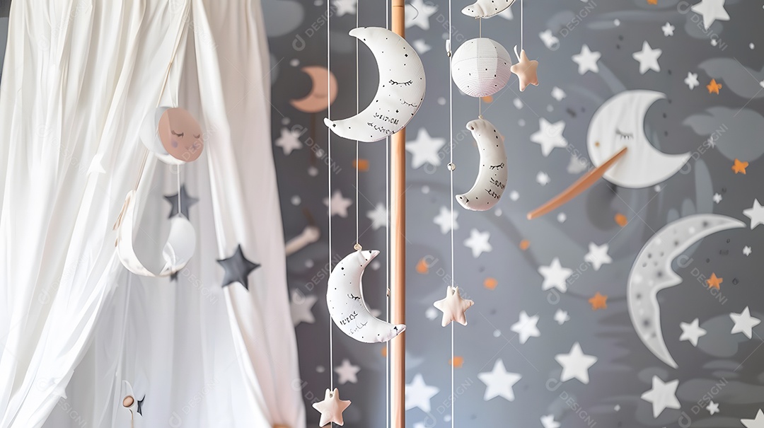 Um berçário com tema celestial papel de parede estrelado e móbiles em formato de lua