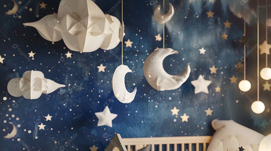 Um berçário com tema celestial papel de parede estrelado e móbiles em formato de lua