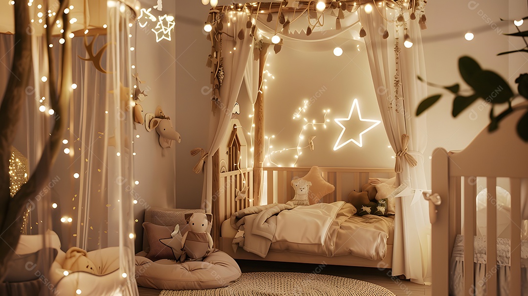 Quarto inspirado em contos de fadas com cama de dossel extravagante e luzes cintilantes