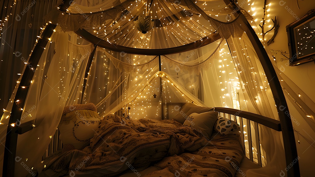 Quarto inspirado em contos de fadas com cama de dossel extravagante e luzes cintilantes