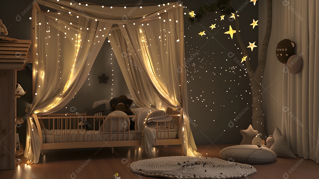 Quarto inspirado em contos de fadas com cama de dossel extravagante e luzes cintilantes