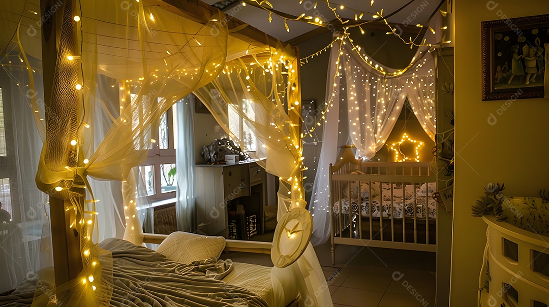 Quarto inspirado em contos de fadas com cama de dossel extravagante e luzes cintilantes