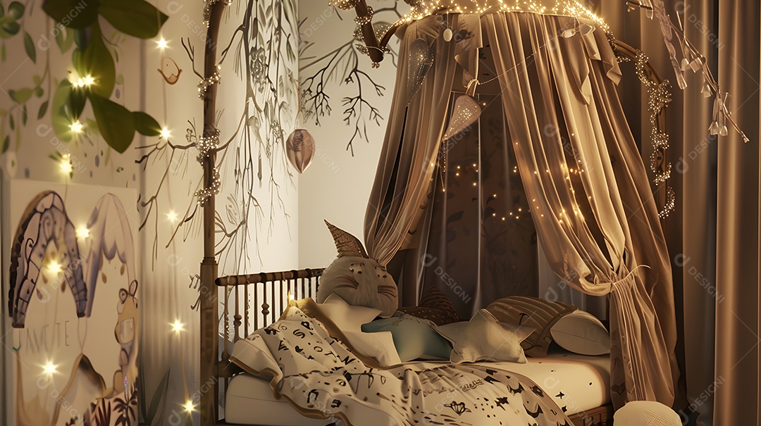 Quarto inspirado em contos de fadas com cama de dossel extravagante e luzes cintilantes