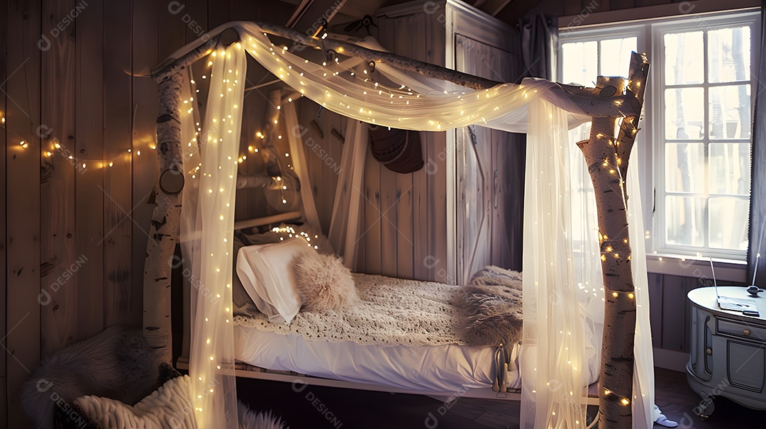 Quarto inspirado em contos de fadas com cama de dossel extravagante e luzes cintilantes