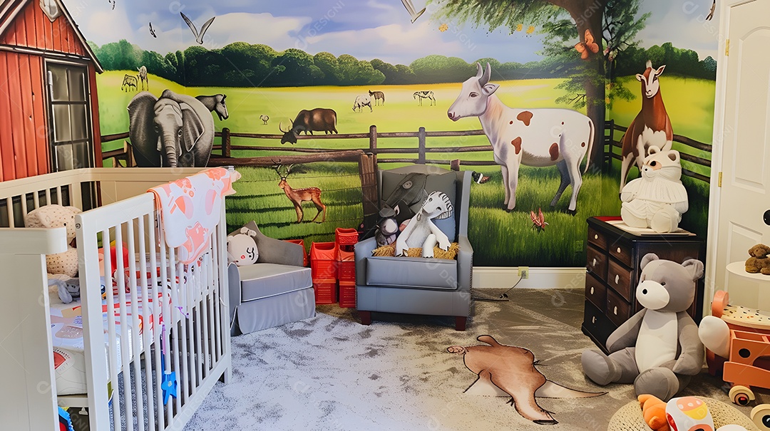 Um berçário com tema de animais de fazenda