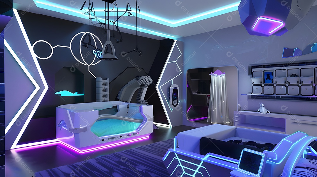 Um berçário futurista com aparelhos de alta tecnologia e luzes neon