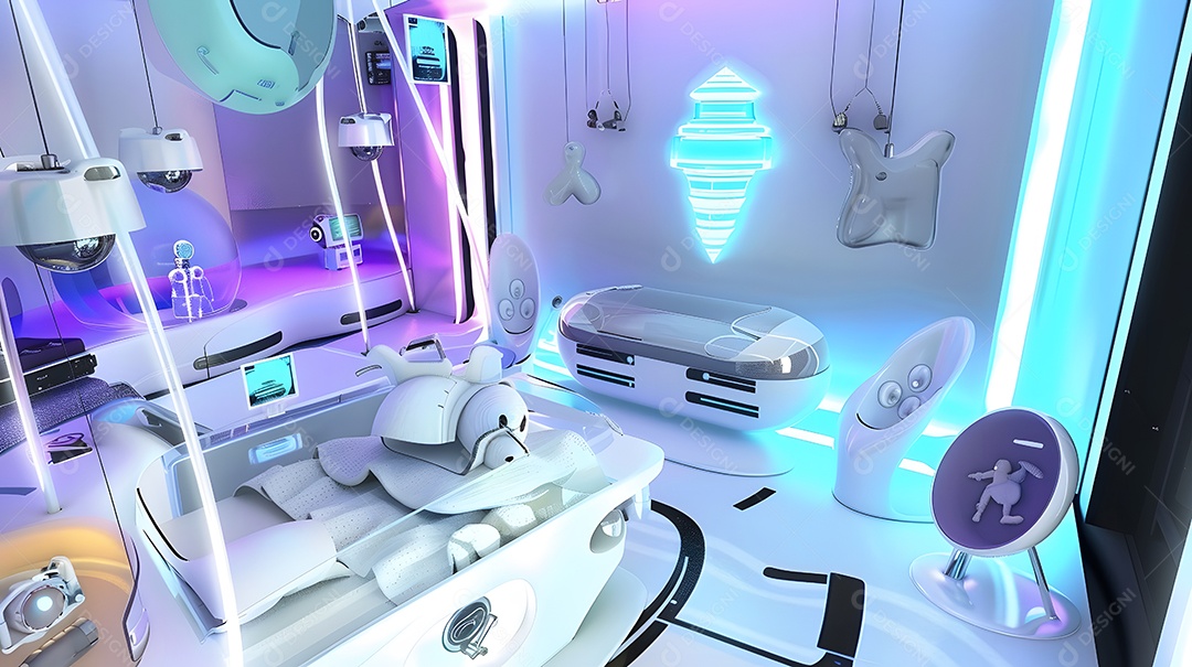 Um berçário futurista com aparelhos de alta tecnologia e luzes neon