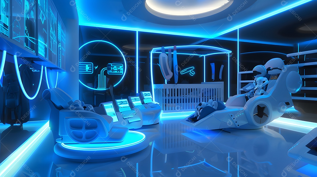 Um berçário futurista com aparelhos de alta tecnologia e luzes neon