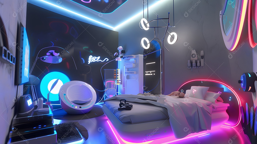 Quarto de bebê um berçário futurista com aparelhos de alta tecnologia e luzes neon