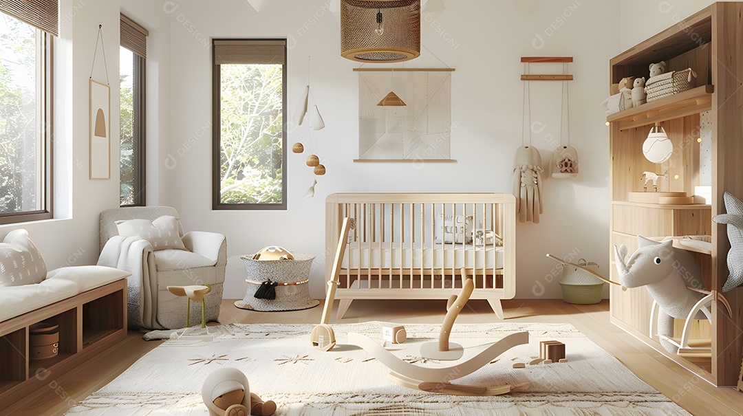 Um quarto de gênero neutro com tons neutros e detalhes em madeira natural