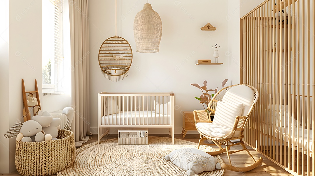 Um quarto de gênero neutro com tons neutros e detalhes em madeira natural