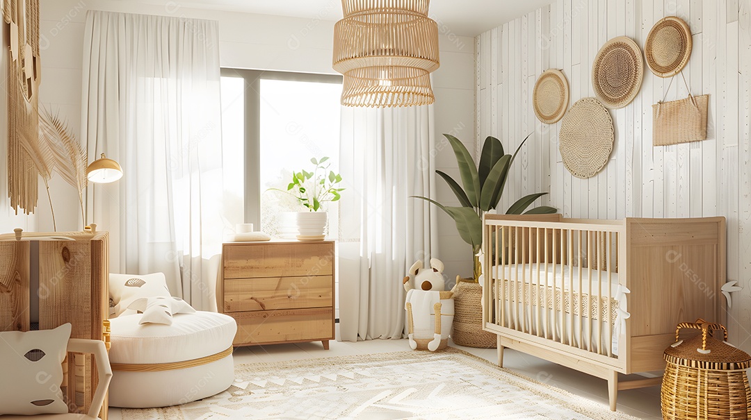 Um quarto de gênero neutro com tons neutros e detalhes em madeira natural