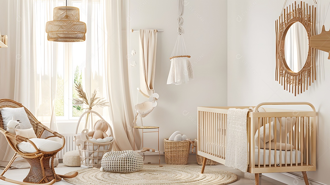 Um espaço de gênero neutro com tons neutros e detalhes em madeira natural