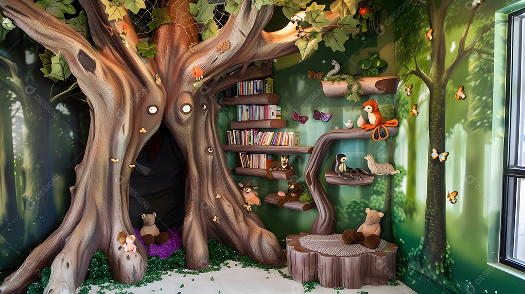 Um berçário mágico na floresta com estantes de troncos de árvores e criaturas da floresta