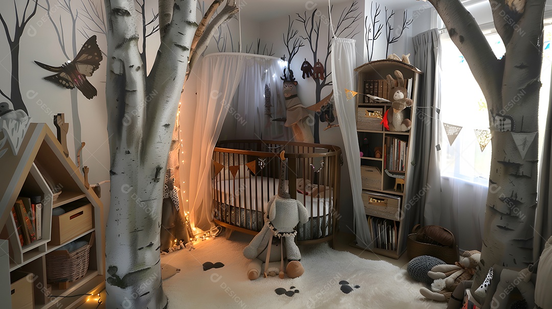 Um berçário mágico na floresta com estantes de troncos de árvores e criaturas da floresta