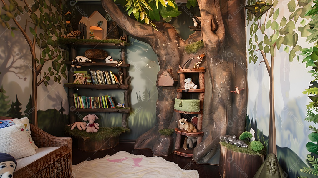 Um berçário mágico na floresta com estantes de troncos de árvores e criaturas da floresta