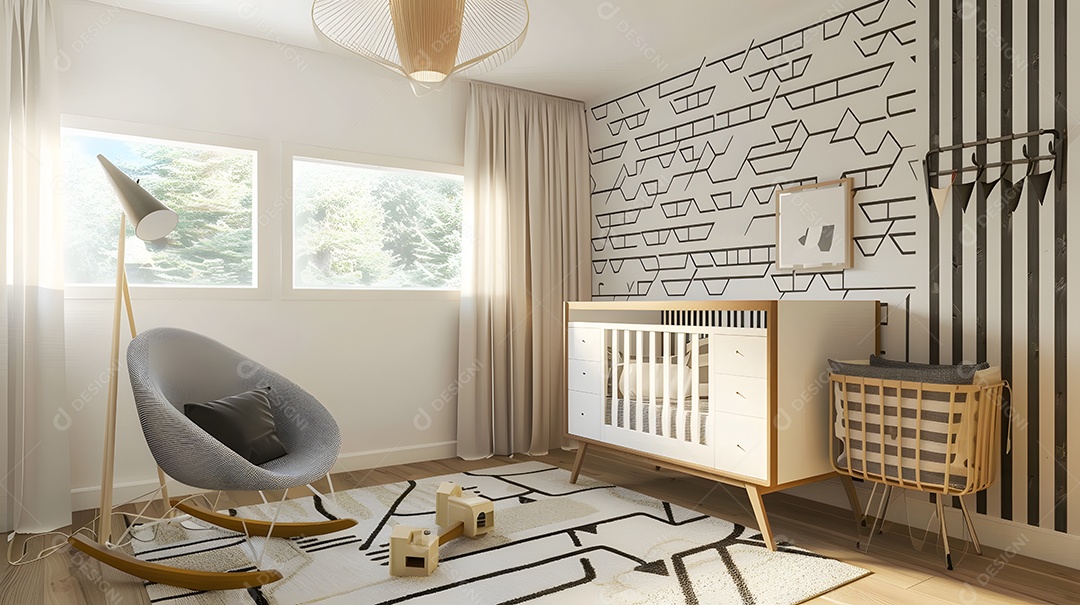 Um berçário moderno com padrões geométricos e decoração minimalista
