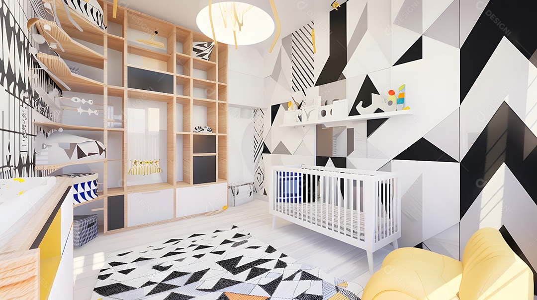 Um berçário moderno com padrões geométricos e decoração minimalista
