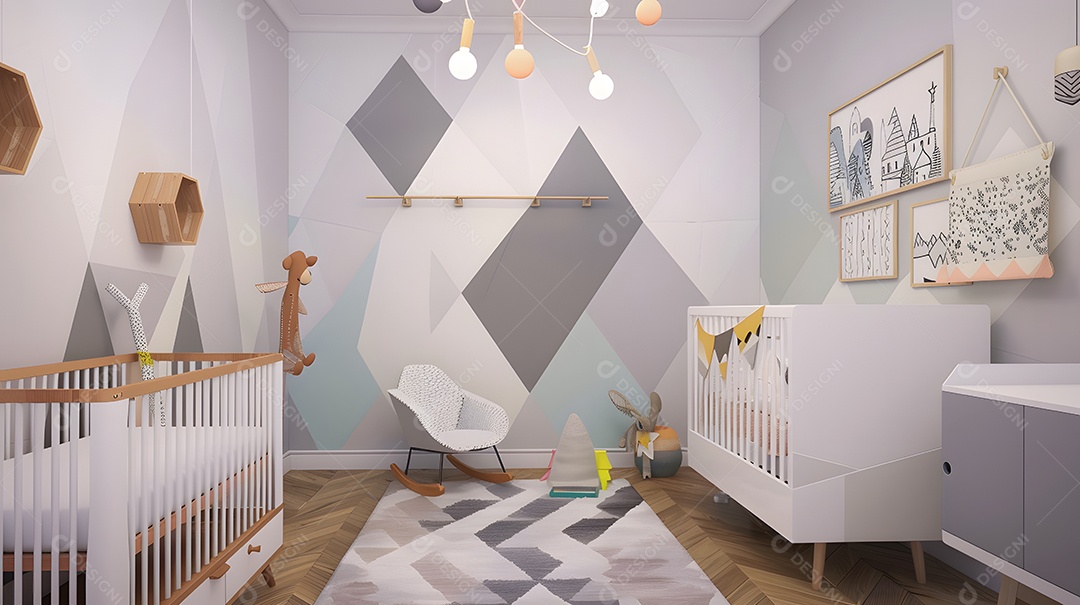 Um berçário moderno com padrões geométricos e decoração minimalista