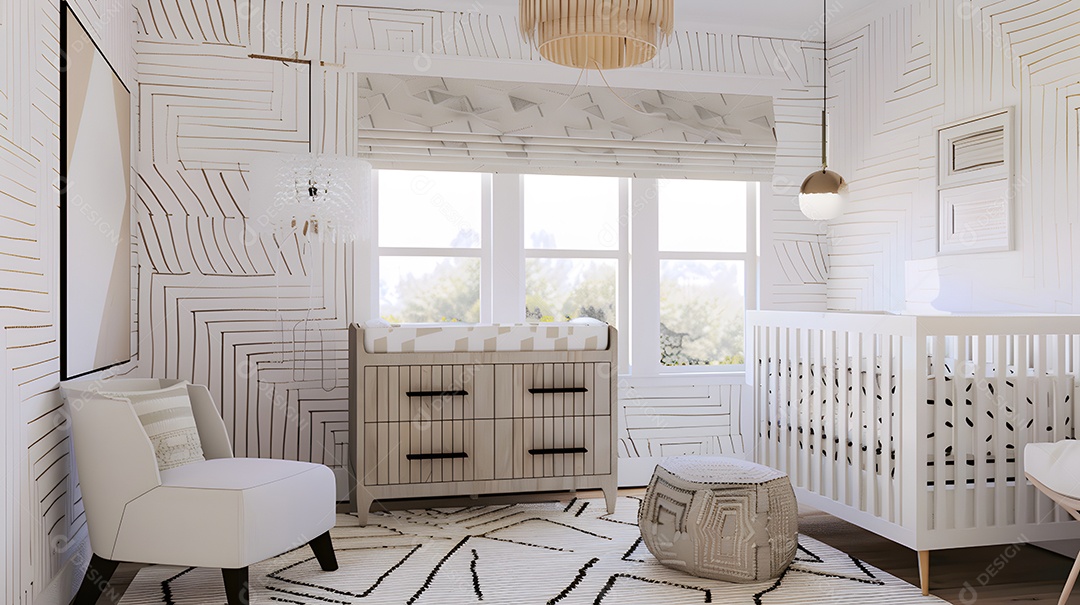 Um berçário moderno com padrões geométricos e decoração minimalista