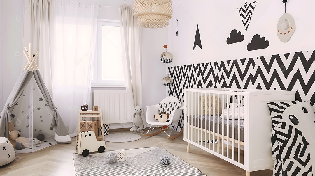 Um berçário moderno com padrões geométricos e decoração minimalista