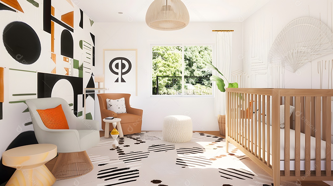 Um berçário moderno com padrões geométricos e decoração minimalista