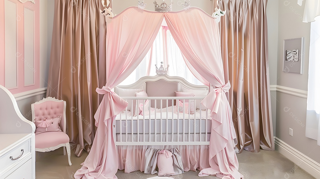 Um quarto de bebê com tema de princesa com copa em forma de coroa e babados rosa