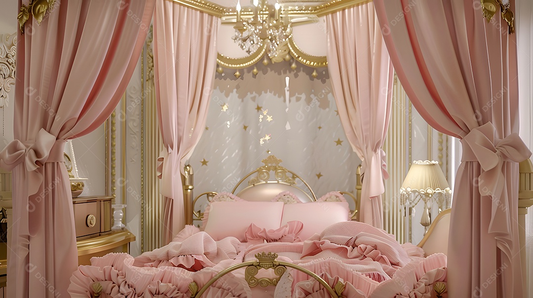 Um quarto de bebê com tema de princesa com copa em forma de coroa e babados rosa