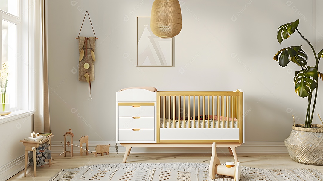 Um quarto de estilo escandinavo com linhas limpas e materiais orgânicos