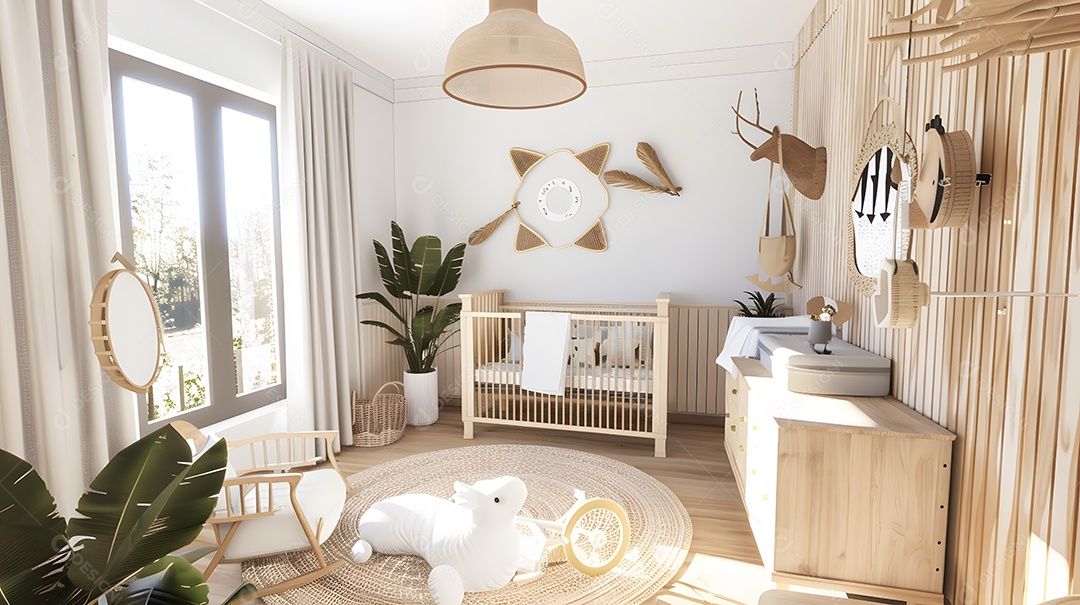 Um quarto de estilo escandinavo com linhas limpas e materiais orgânicos