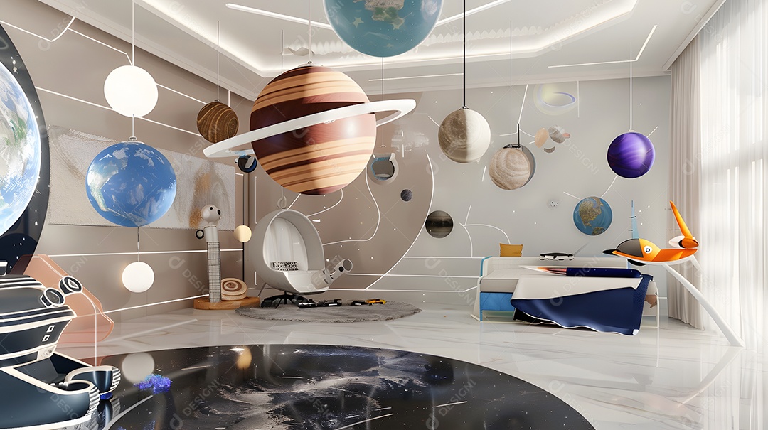 Quarto do bebê com tema espacial com móbiles planetários e decoração de nave