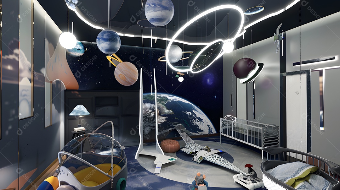 Quarto do bebê com tema espacial com móbiles planetários e decoração de nave