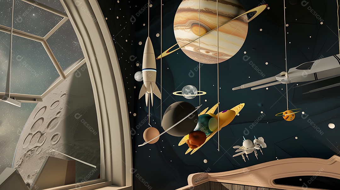 Quarto do bebê com tema espacial com móbiles planetários e decoração de nave