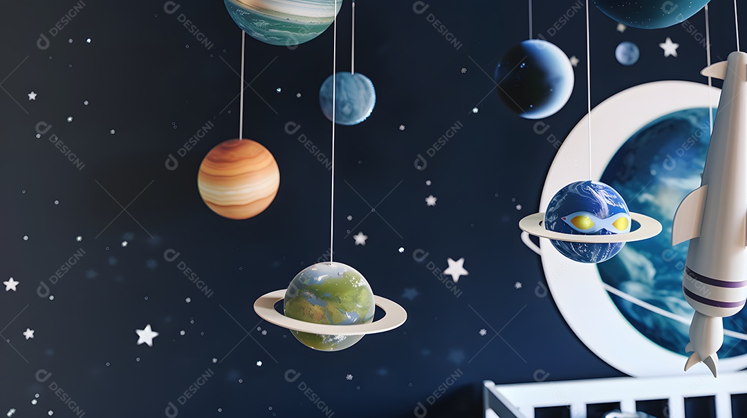 Quarto do bebê com tema espacial com móbiles planetários e decoração de nave