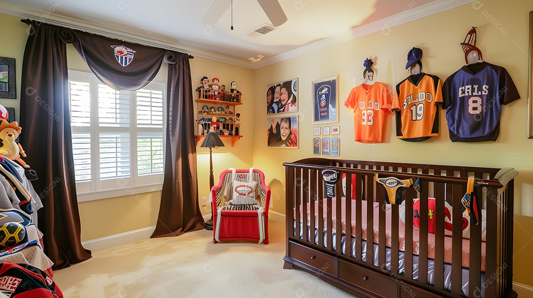 Quarto do bebê com tema esportivo com camisetas e tapeçarias de equipamentos