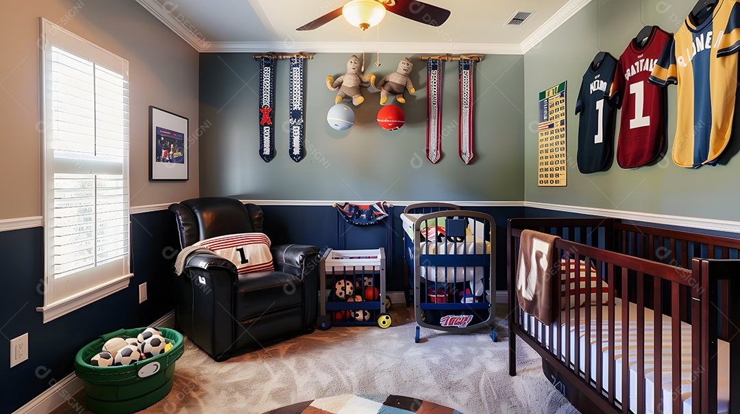 Quarto do bebê com tema esportivo com camisetas e tapeçarias de equipamentos