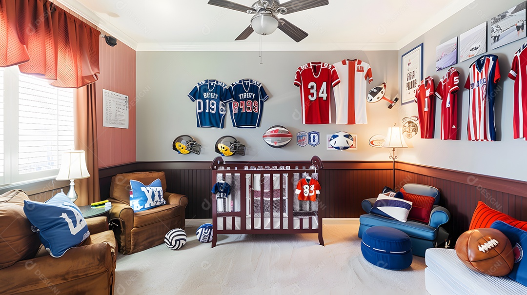 Quarto do bebê com tema esportivo com camisetas e tapeçarias de equipamentos