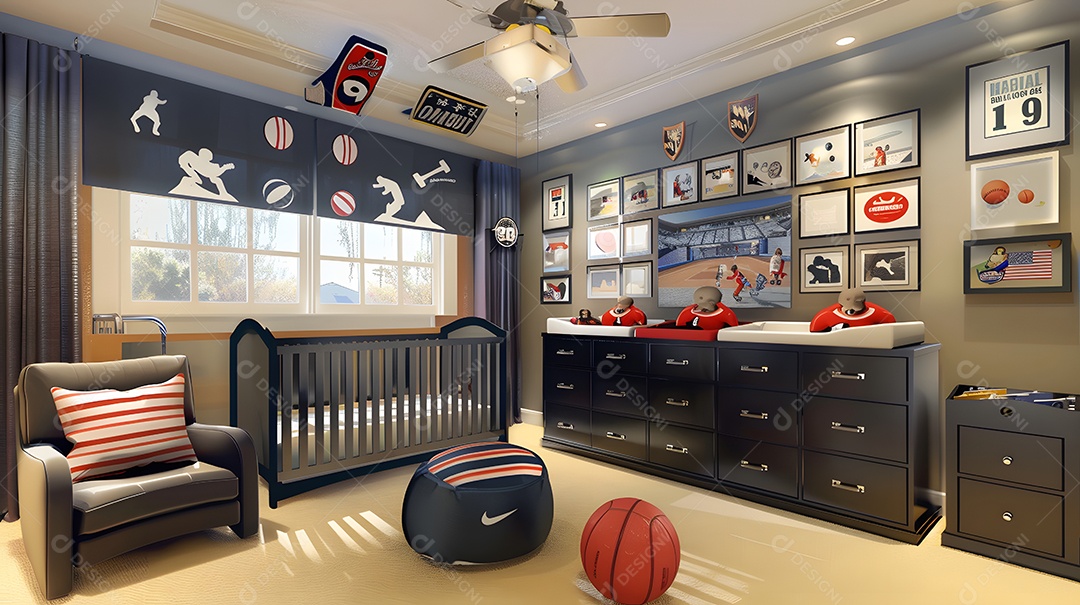 Quarto do bebê com tema esportivo com camisetas e tapeçarias de equipamentos