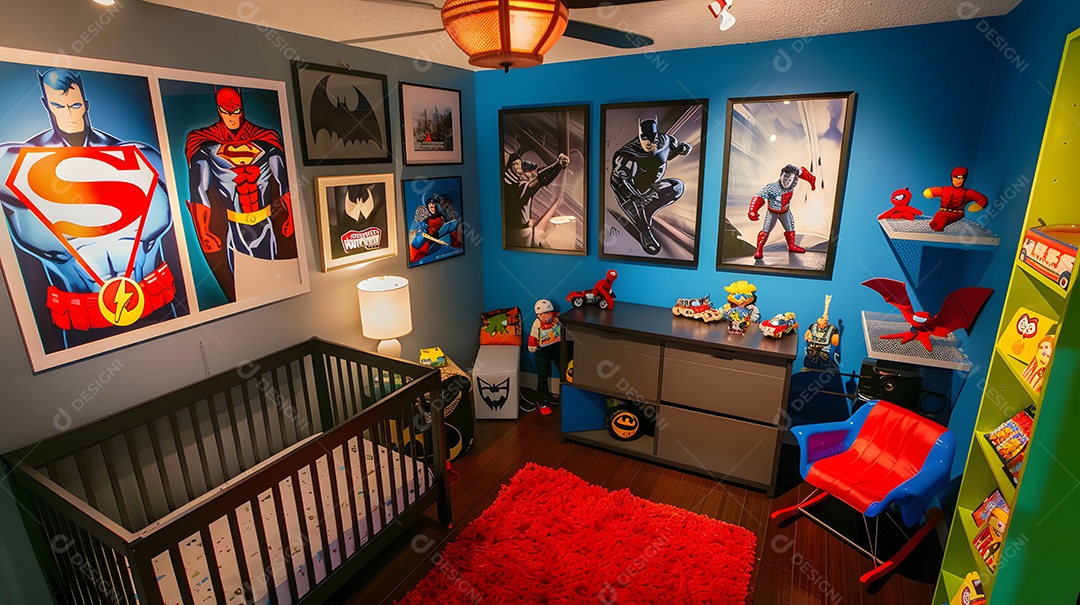 Um quarto de bebê com tema de super heróis arte de quadrinhos