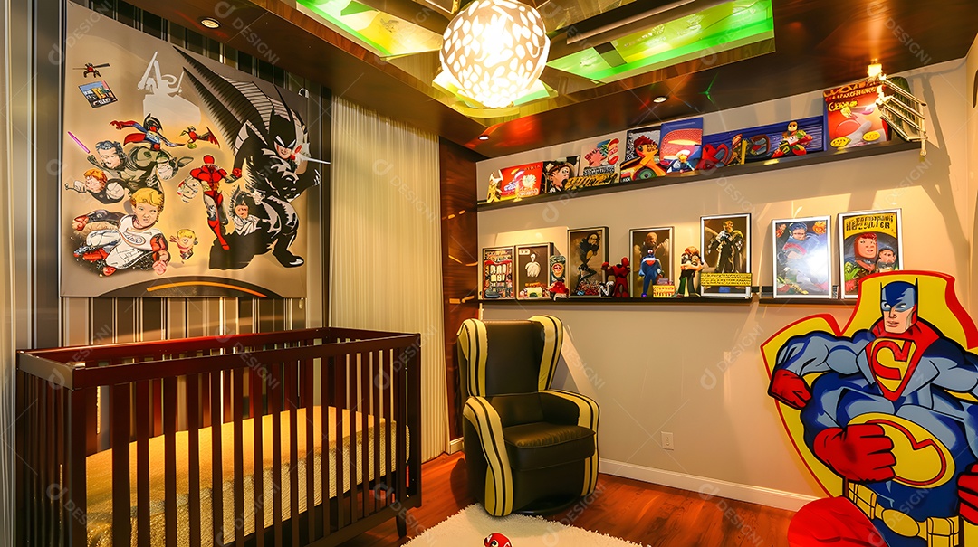 Um quarto de bebê com tema de super heróis arte de quadrinhos
