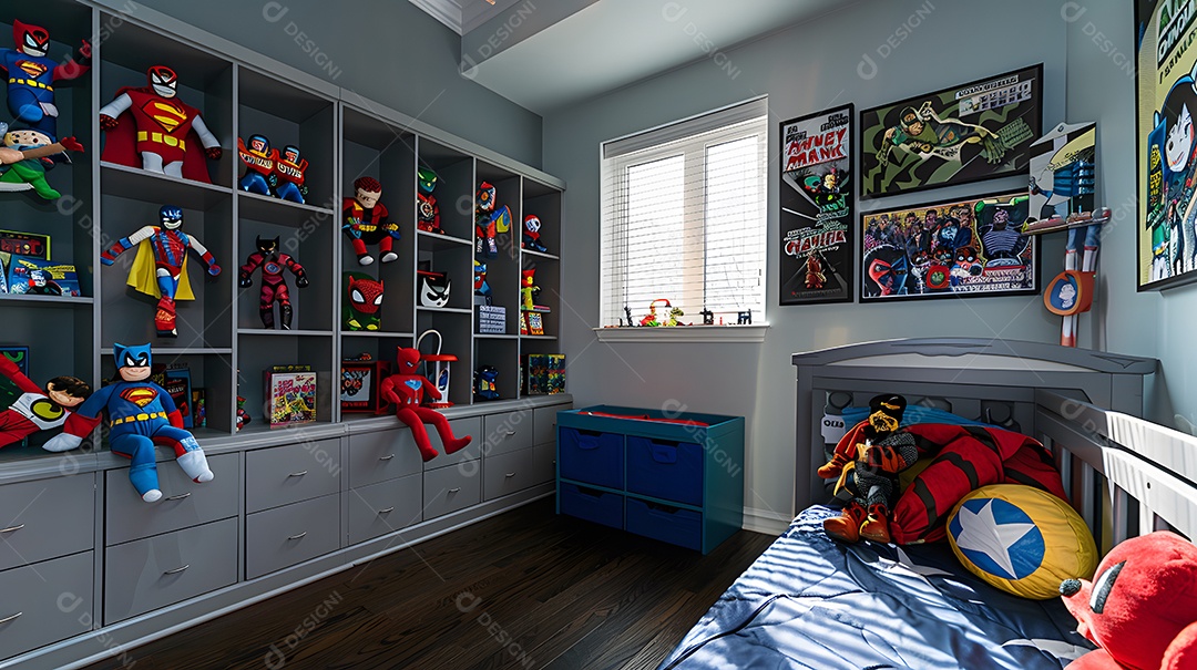 Um quarto de bebê com tema de super heróis arte de quadrinhos