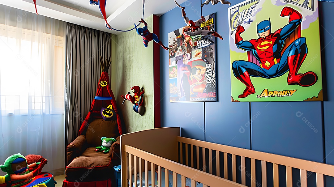 Um quarto de bebê com tema de super heróis arte de quadrinhos
