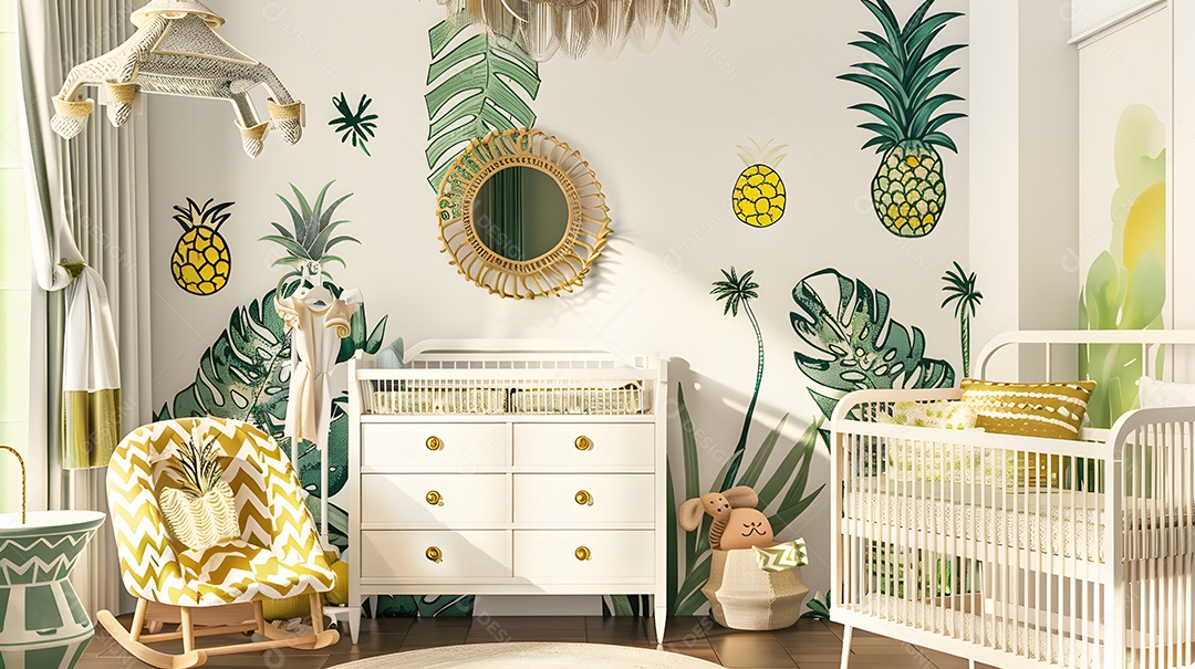 Quarto de bebê um berçário paradisíaco tropical com estampas de folhas de palmeira