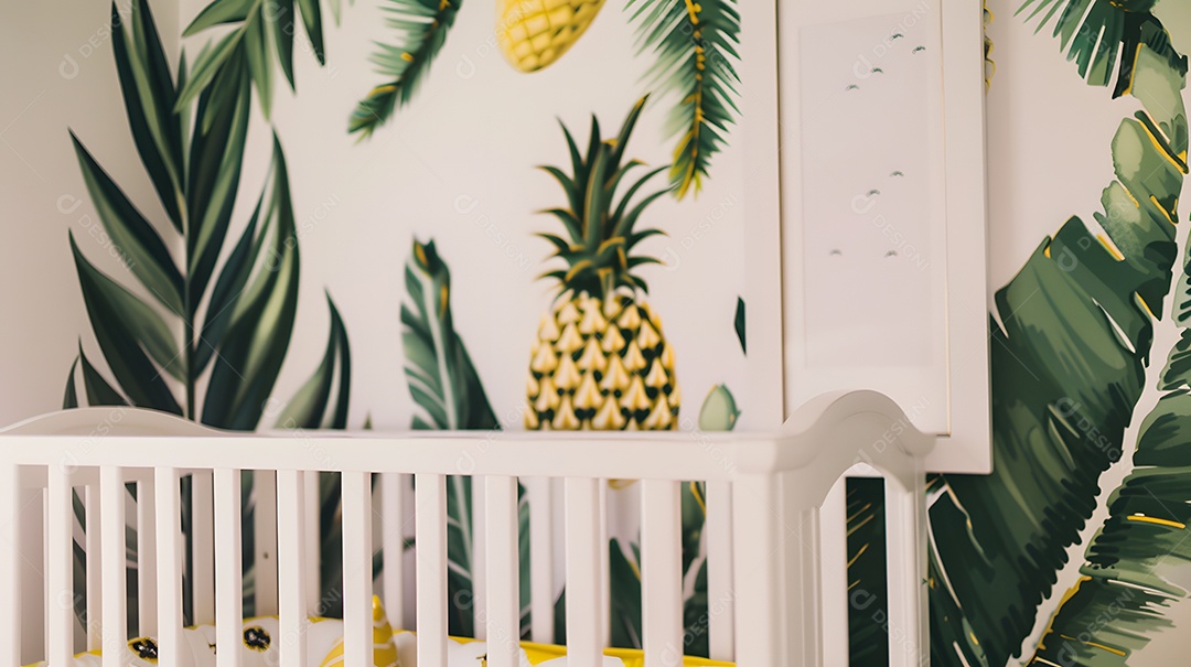Quarto de bebê um berçário paradisíaco tropical com estampas de folhas de palmeira